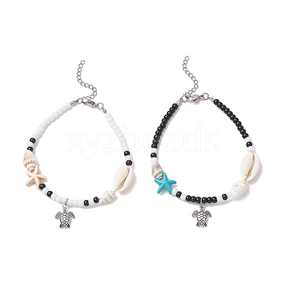 2Pcs 2 Styles Summer Beach Synthetic Turquoise Starfish & Natural Cowrie Shell & Glass Seed Round Beaded Alloy Turtle Charm Anklets X1-AJEW-TA00038-1