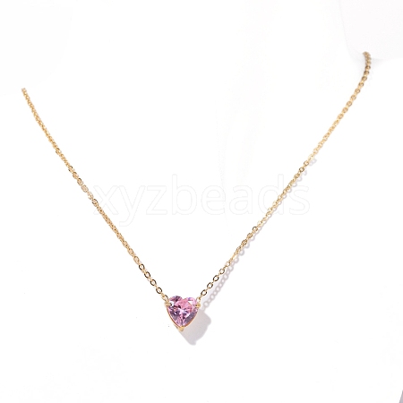 Stainless Steel Pave Cubic Zirconia Heart Pendant Cable Chain Necklaces for Women PW-WG05D07-10-1