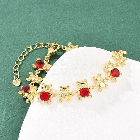 Bear Brass Micro Pave Cubic Zirconia Link Chain Bracelets for Women BJEW-K248-05G-06-1