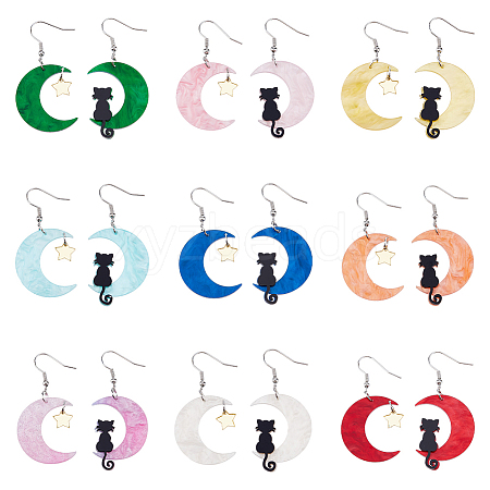 FIBLOOM 9 Sets 9 Colors Moon & Star & Cat Resin Asymmetrical Earrings EJEW-FI0002-35-1