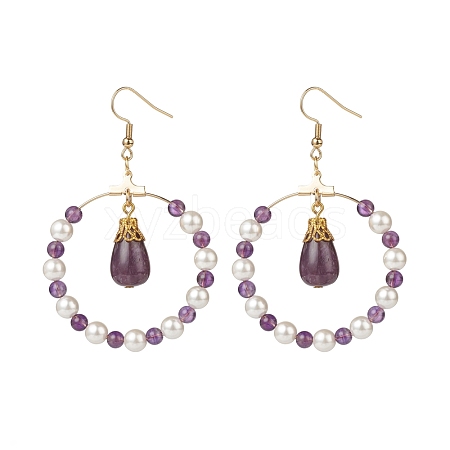 Shell Pearl & Natural Amethyst Beaded Big Ring with Teardrop Dangle Earrings EJEW-JE05044-1