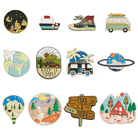 12pcs 12 style Airplane  & Boat & Bus & Word Enamel Pin JEWB-TA0001-10-1