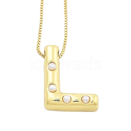 Brass & Plastic Pearl Letter Pendant Box Chain Necklaces for Women NJEW-U017-01G-12-1