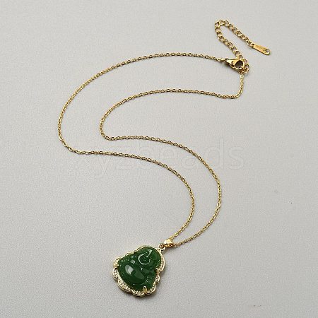 Stainless steel Crystal Rhinestone and Green Glass Maitreya Pendant Necklaces NJEW-WH0029-005G-1