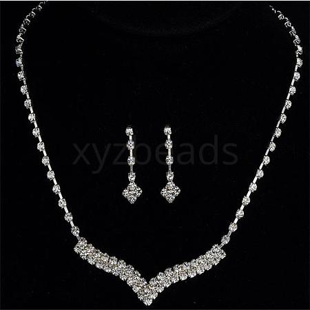 Rhombus Brass Crystal Rhinestone Pendant Necklaces & Stud Dangle Earrings Sets for Womenn FS-WG6562E-01-1