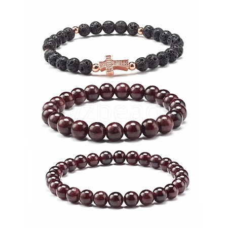 Natural Garnet & Lava Rock Round Beads Stretch Bracelets Set BJEW-JB06982-01-1