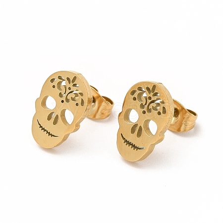 Halloween Skull with Flower 304 Stainless Steel Stud Earrings for Women EJEW-B019-05G-1