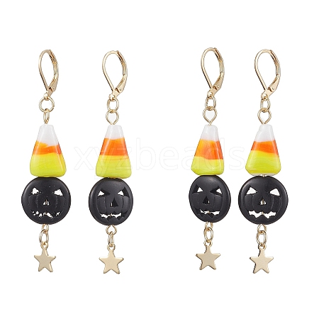 Halloween Candy Corn Handmade Lampwork & Black Pumpkin Synthetic Turquoise Leverback Dangle Earrings EJEW-JE05872-1