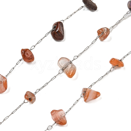 304 Stainless Steel with Dyed Natural Carnelian Chip Link Chains CHS-G038-09P-04-1