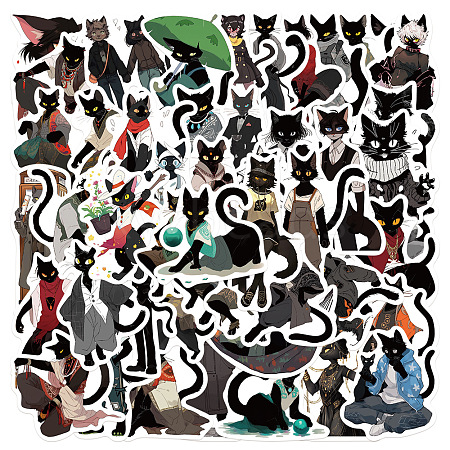 50Pcs Black Cat PVC Waterproof Sticker Labels PW-WG25996-01-1