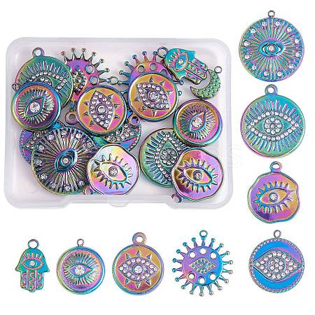 16Pcs 8 Style Eye Theme 304 Stainless Steel Rhinestone Pendants STAS-SZ0002-85MC-1