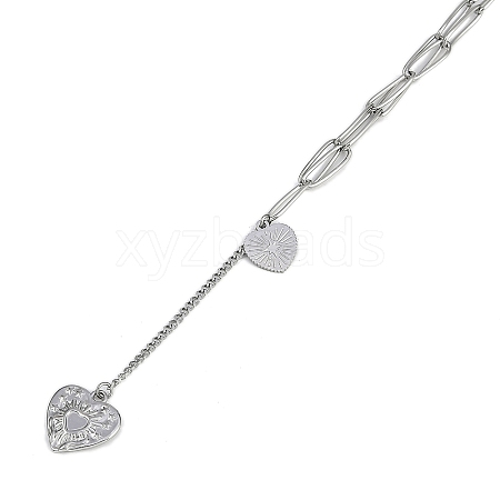 304 Stainless Steel Heart Tassel Pendant Paperclip Chain Necklaces NJEW-I129-04P-1