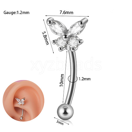 304 Stainless Steel Clear Cubic Zirconia Eyebrow Curved Barbell Rings WGE154E-01-1