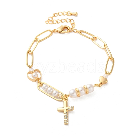 Brass Micro Pave Cubic Zirconia Charm Bracelets BJEW-P342-09G-1