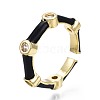 Clear Cubic Zirconia Bamboo Shape Open Cuff Ring with Enamel for Women RJEW-N035-101-4