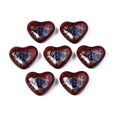 Flower Printed Opaque Acrylic Heart Beads SACR-S305-28-L01-1