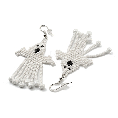 Boho Seed Bead Halloween Ghost Tassel Earrings EJEW-Q380-04A-1