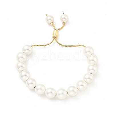 Shell Pearl Beaded Slider Bracelet with Brass Snake Chain BJEW-B066-01B-03-1