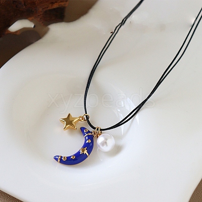 Brass Enamel Blue Crescent Moon Pendant Black Imitation Leather Cord 2-Strand Necklaces for Women WG612AC-01-1