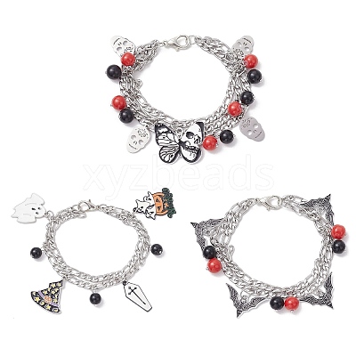 3Pcs 3 Styles Halloween Theme 304 Stainless Steel Figaro Chains Multi-strand Bracelets BJEW-JB12094-1