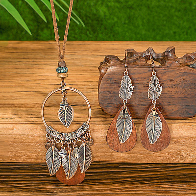 Bohemian Style Alloy & Wood Pendant Necklaces & Dangle Earrings Sets WG14320-01-1