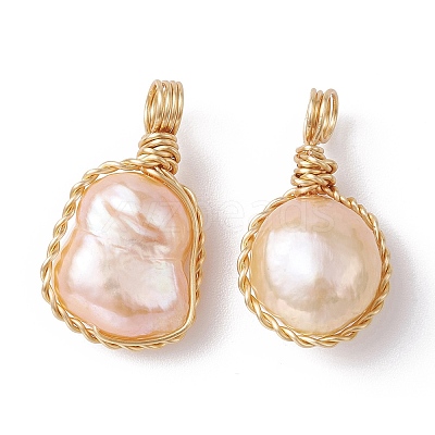 Natural Cultured Freshwater Pearl Copper Wire Wrapped Pendants PALLOY-JF02201-02-1