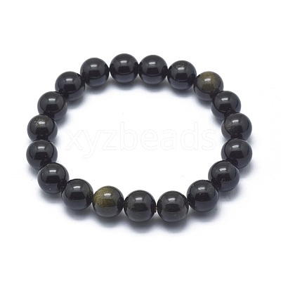 Natural Golden Sheen Obsidian Bead Stretch Bracelets BJEW-K212-C-020-1