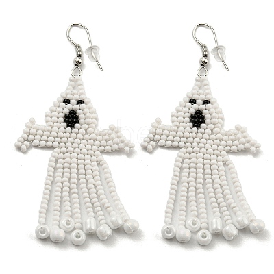 Boho Seed Bead Halloween Ghost Tassel Earrings EJEW-Q380-04A-1