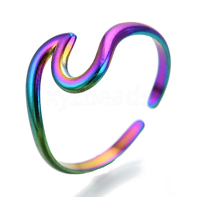 304 Stainless Steel Sea Wave Cuff Rings RJEW-N038-115M-1