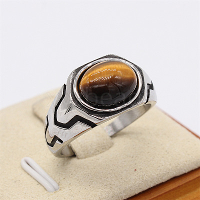 316L Surgical Stainless Steel and Natural Tiger Eye Finger Rings for Men FS-WG3E90C-40-1