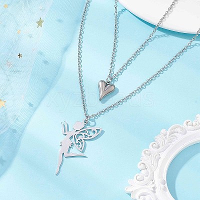 Stainless Steel Fairy and Heart Pendant 304 Stainless Steel Cable Chain Double Layer Necklaces for Women NJEW-JN05810-02-1
