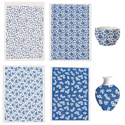 4Pcs 4 Styles Flower Pattern Paper Ceramic Decals DIY-GF0013-26-1