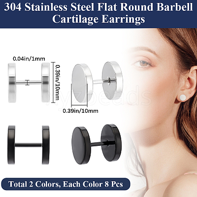 16Pcs 2 Colors Flat Round 304 Stainless Steel Barbell Cartilage Earrings EJEW-BBC0001-63-1