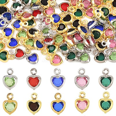 50Pcs 5 Colors Heart Rack Plating Brass Glass Charms KK-YW0004-09G-1