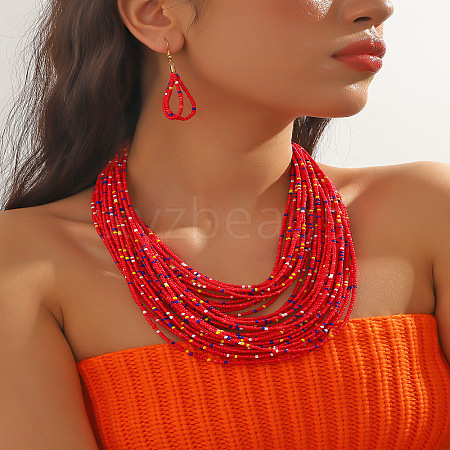 Plastic Seed Beaded Multilayer Necklaces & Teardrop Dangle Earrings Sets WGB34C1-03-1