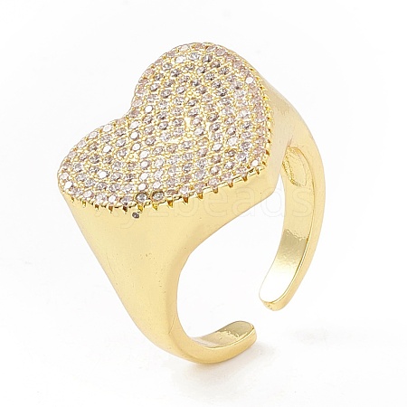 Clear Cubic Zirconia Heart Signet Open Cuff Ring RJEW-I083-13G-1