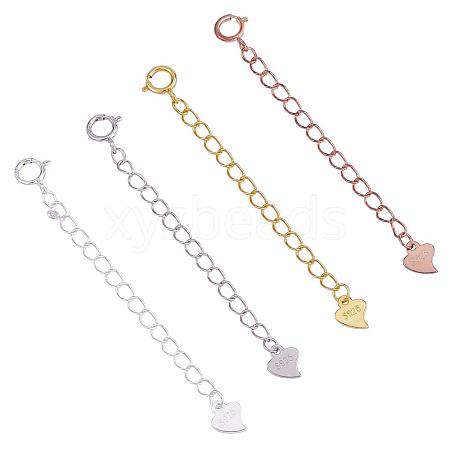 4 Pieces Extension Chain with Spring Clasp Sterling Silver Extender Chains with Love Heart Necklace Bracelet Anklet Removable Chain Extenders Charms for DIY Jewelry Making Accessories JX626A-1