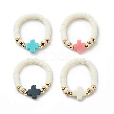 Polymer Clay Heishi & Synthetic Hematite & Synthetic Coral Cross Beaded Stretch Finger Ring for Women RJEW-JR00526-1