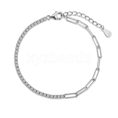 Rhodium Plated 925 Sterling Silver Pave Clear Cubic Zirconia Paperclip Chain Bracelets for Women BJEW-Q346-01P-1