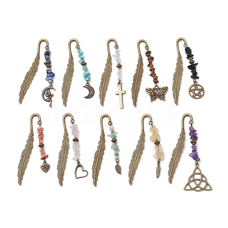 10Pcs Natural Mixed Gemstone Chips Beads and Alloy Pendant Bookmark AJEW-JK00349-1