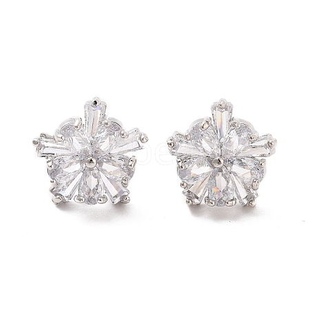 Rack Plating Flower Brass Micro Pave Clear Cubic Zirconia Stud Earrings EJEW-M029-01A-P-1