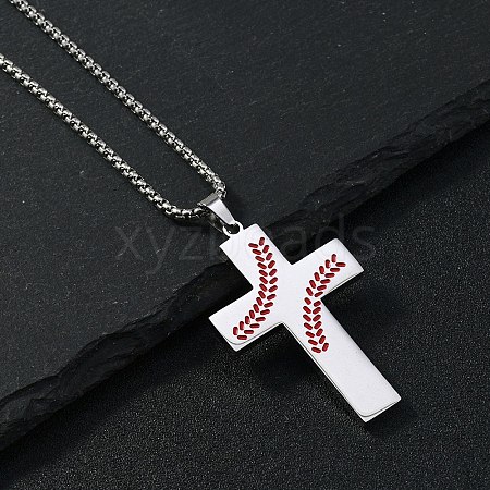 201 Stainless Steel Wheat Cross Pendant Box Chain Necklaces for Women Men NJEW-B124-01P-1