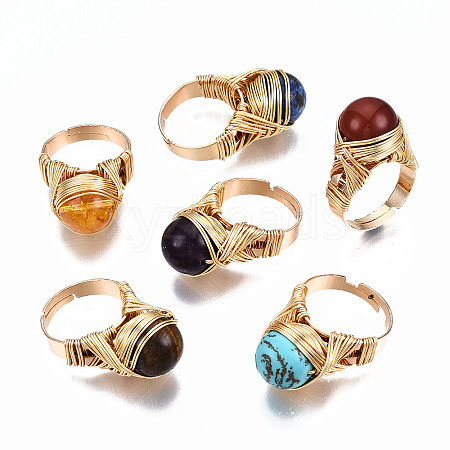 Adjustable Gemstone Round Finger Rings RJEW-T019-01-KC-1