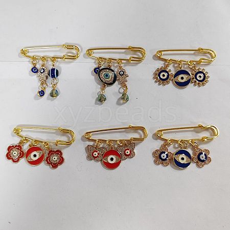 SUPERFINDINGS 6Pcs 6 Style Flower & Butterfly & Evil Eye Enamel Charms Safety Pin Brooches Set JEWB-FH0001-31-1