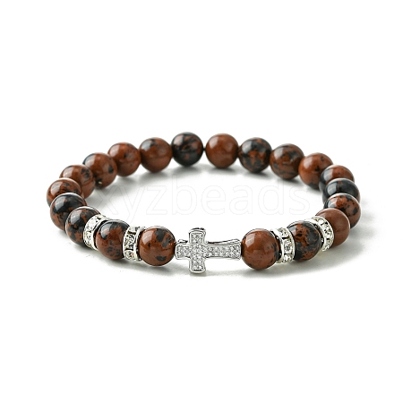 Cross Brass Micro Pave Clear Cubic Zirconia & 8mm Round Natural Mahogany Obsidian Beaded Stretch Bracelets for Women BJEW-JB10819-02-1