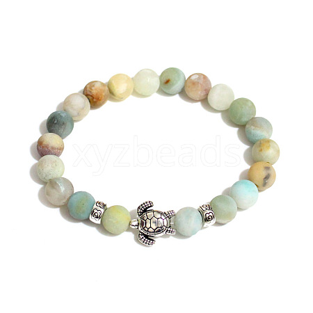 Flower Amazonite Round Beaded Stretch Bracelet with Turtle UL4697-3-1