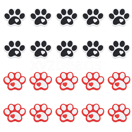 HOBBIESAY 20Pcs 2 Colors Dog Paw Print Food Grade Eco-Friendly Silicone Beads SIL-HY0001-30-1