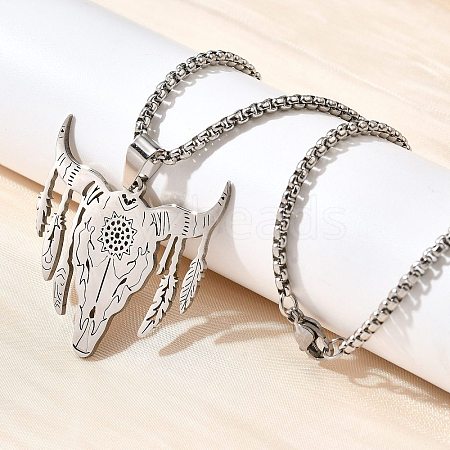 Punk Style 304 Stainless Steel Laser Cut Cattle Head Pendant Box Chain Necklaces for Women Men NJEW-E156-04P-1