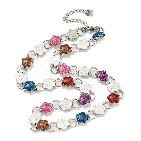 304 Stainless Steel Enamel Flower Link Chain Necklaces with Glitter Powder NJEW-S431-05P-01-1