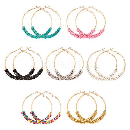 ANATTASOUL 7 Pairs 7 Colors Glass Round Braided Beaded Hoop Earrings EJEW-AN0002-21-1